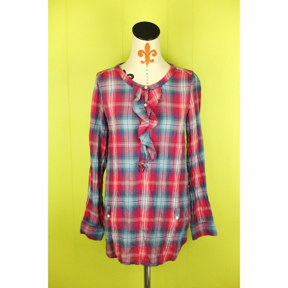 American Eagle Outfitters Tops - American Eagle AEO Womens Sz 10 Ruched Front Tunic Blouse Long Sleeve Plaid